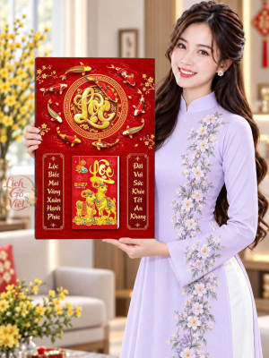 Lịch gỗ treo tường 2027 Cửu Ngư Đại Lộc 40x60cm LGV27T4-70