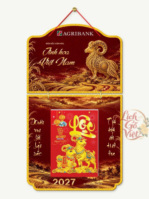 Lịch gỗ 2 thân Agribank 2027 – Tinh hoa Việt Nam — Sơn mài lúa vàng