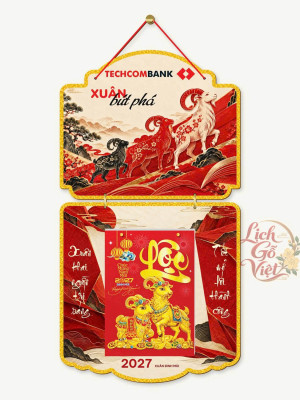 Lịch gỗ 2 thân Techcombank 2027 – Xuân bứt phá — Khắc gỗ đỏ