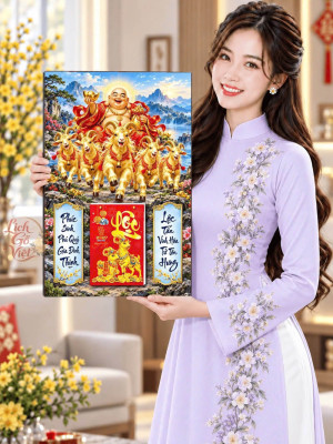 Lịch gỗ treo tường 2027 Di Lặc Ngũ Dương Sơn Thủy 40x60cm LGV27T4-40