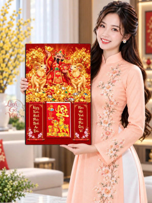 Lịch gỗ tráng gương 40x60cm Thần Tài Song Dương LGV27T4-19