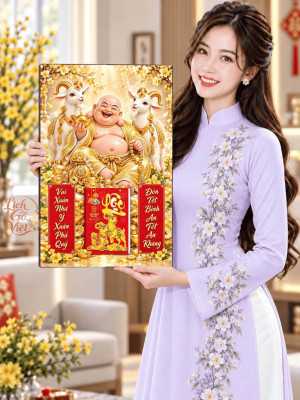 Lịch gỗ treo tường 2027 Di Lặc Song Bạch Dương 40x60cm LGV27T4-43