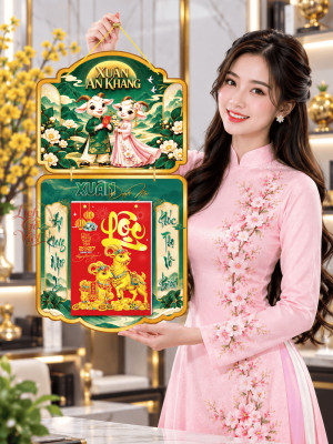 Lịch Gỗ Phong Thủy Treo Tường Song Dê Đón Xuân, Xuân An Khang LGV27T2-12